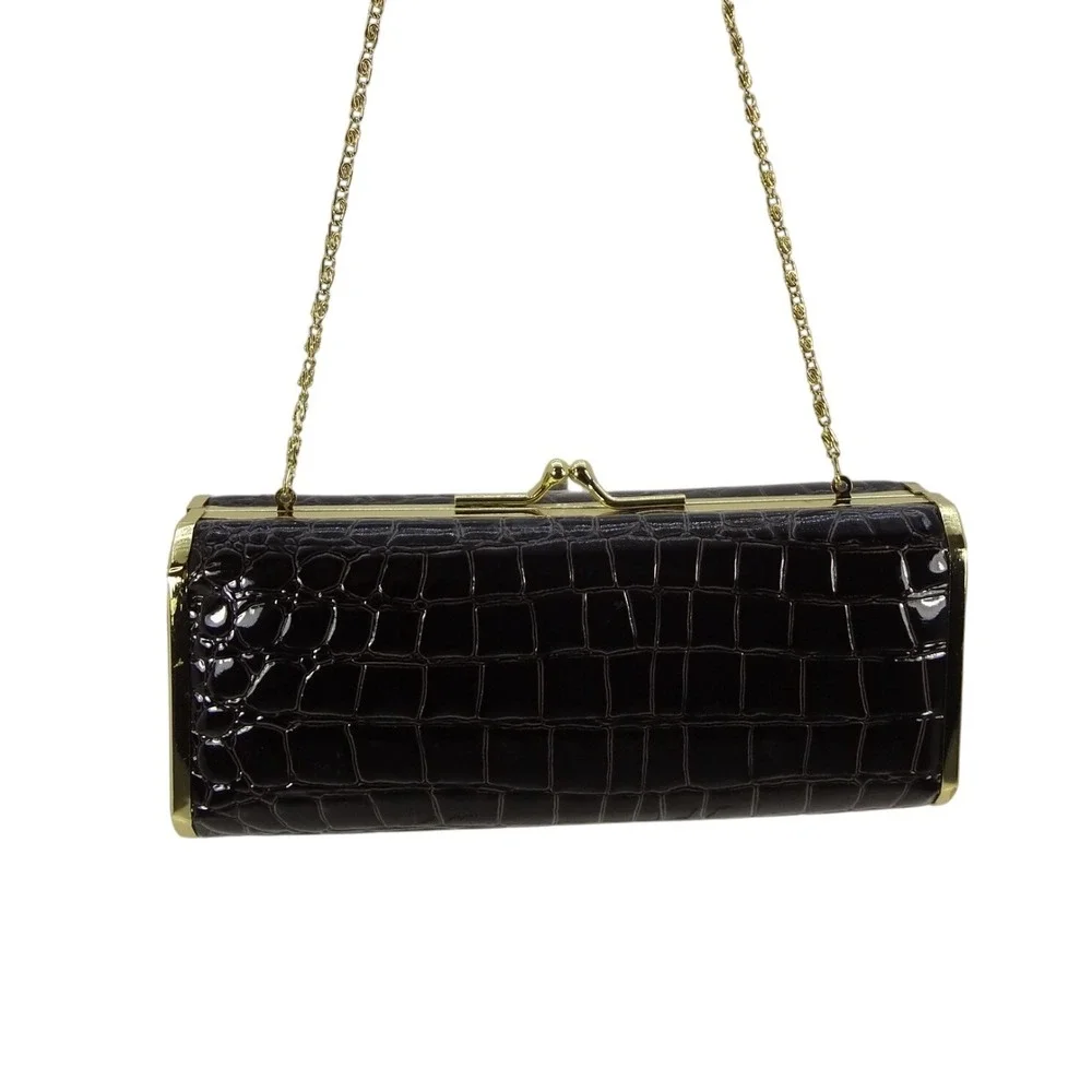 Sasha Black Faux Croc Patent Box Clutch‎ Gold Chain Evening Bag Handbag